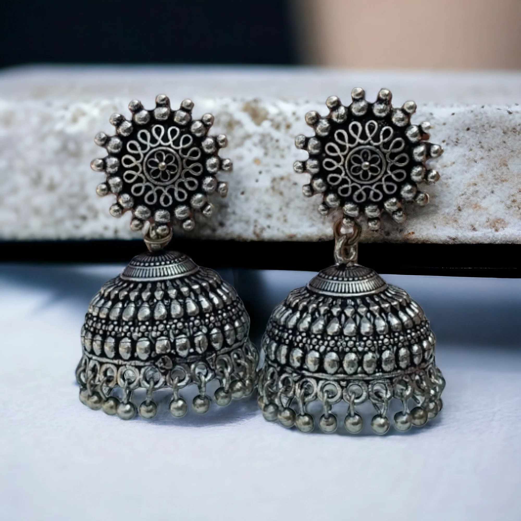 Oxidized Silver Jhumka Earrings