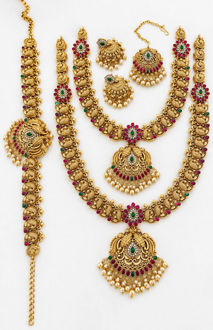 South Indian Traditional semi bridal set with Gold Finish | Long Haram with Jhumka Earrings for Women | Ethnic  Jewellery for Weddings, Brides & Festivals | Semi Bridal Jewelry Set